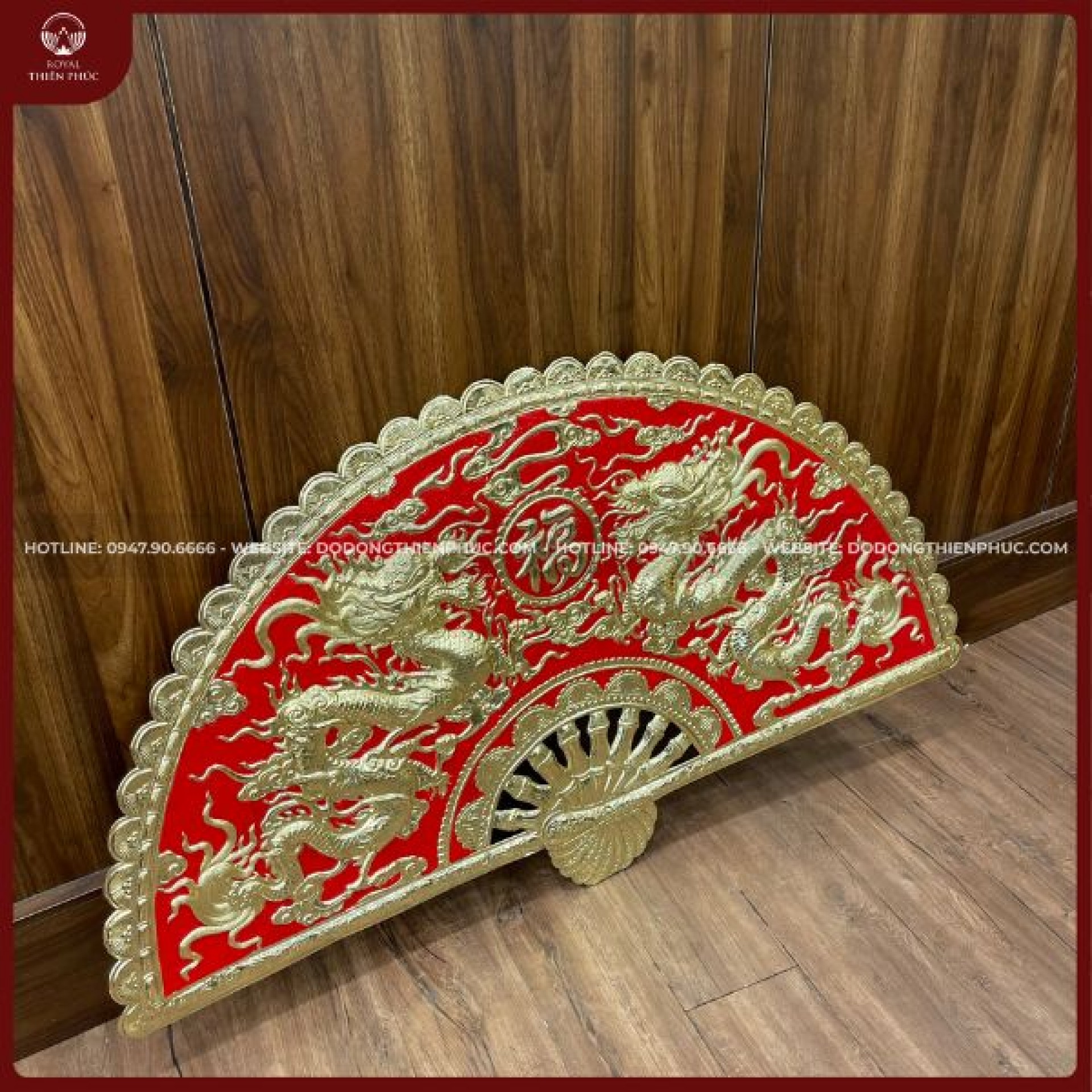 Quạt chầu song long nền đỏ 1m2x70cm